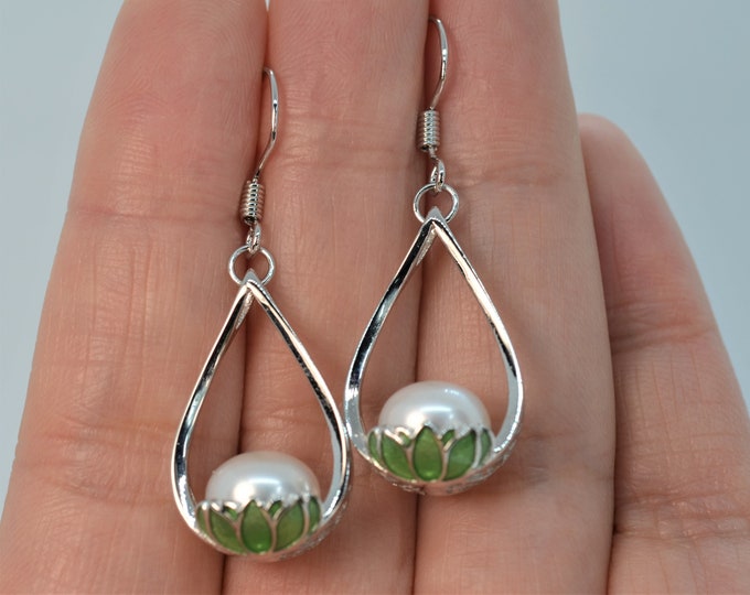 Freshwater Pearl  Earrings for Women, 925 Sterling Silver Flower Earrings, Enamel Jewelry, Hypoallergenic