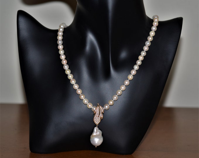 Solid 14K Gold Japanese Akoya Pearl Necklace for Women, Baroque Freshwater Pearl Pendant, 3pcs Jewelry Set