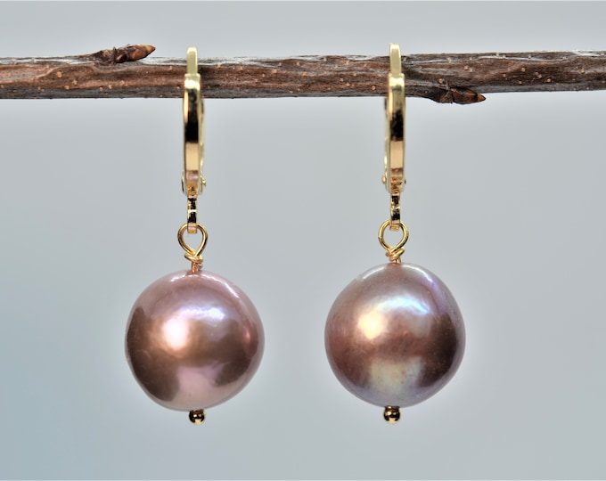 Pearl Hoop Earrings for Women, Mauve Edison Pearl Earrings, 14K Gold Filled Huggies Earrings