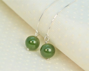 Natural Green Nephrite Jade Earrings for Women, 925 Sterling Silver Threader Earrings, Jade Jewelry, Hypoallergenic