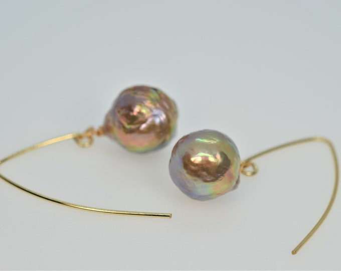 12 mm Metallic Pearl Earrings for Women, Wrinkled Edison Freshwater Pearl Drop Earrings, 14K Gold Filled Earrings, Hypoallergenic,
