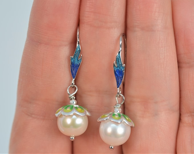 Sterling Silver Freshwater Pearl Earrings: Cloisonne Enamel Flower Jewelry