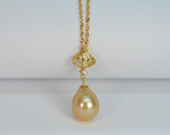 Golden South Sea Pearl Pendant Necklace, Gold Vermeil Chain, CZ Accents