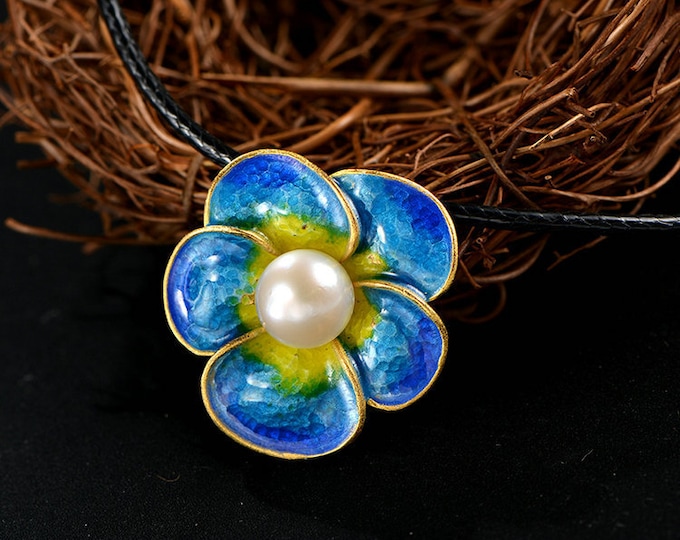 Enamel Flower Pendant Necklace: Freshwater Pearl, Gold Vermeil Sterling Silver
