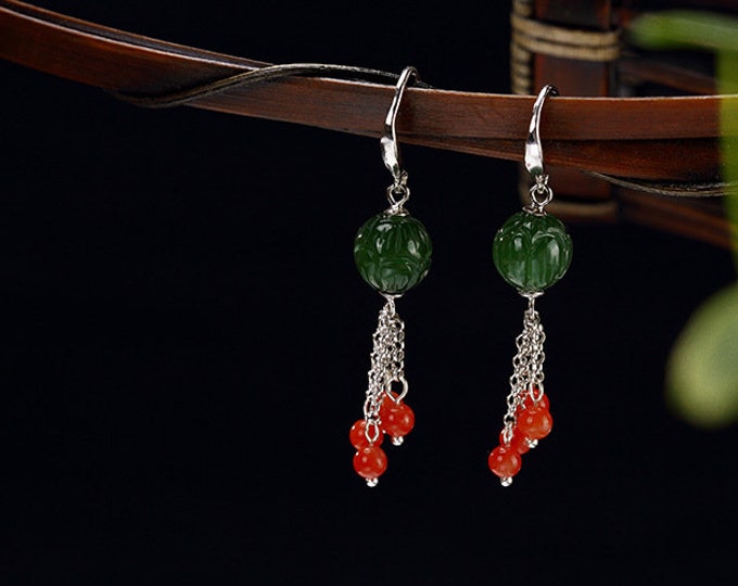 Natural Green Jade Earrings for Women, 925 Sterling Silver Earrings for Girls, Artisan Carnelian Drop Dangle Earrings, Hypoallergenic Tassel