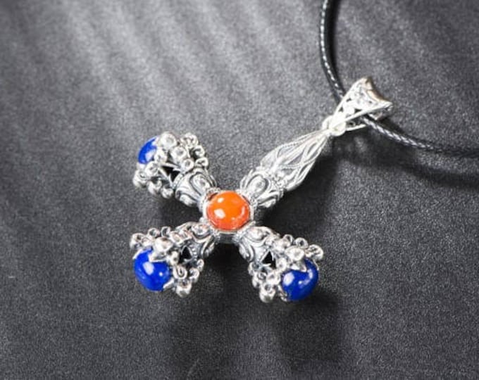 Large 925 Sterling Silver Cross Pendant Necklace, Natural Lapis Lazuli Necklace, Filigree Pendant, Hypoallergenic