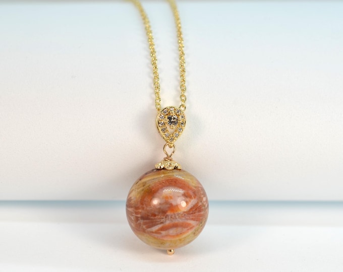 16 mm Natural Color Fossil Coral Pendant Necklace for Women, 14K Gold Filled, Adjustable 18" Chain, Hypoallergenic