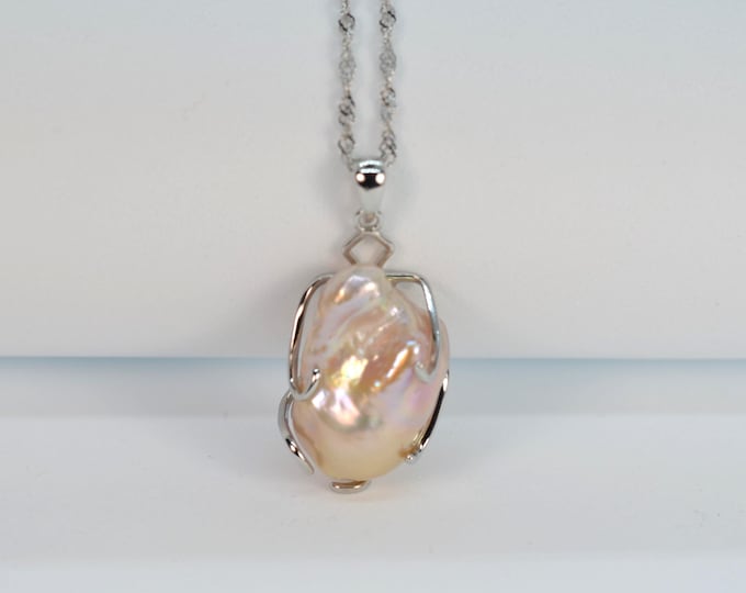 Metallic Baroque Freshwater Pearl Necklace for Women, Fine Solid Silver Jewelry, 18 Inch Chain Necklace, Hypoallergenic