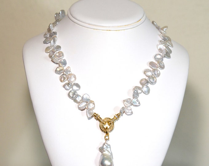 Freshwater Keshi Pearl Necklace for Women, Natural Color Freshwater Baroque Pearl Pendant, Versatile Bridal Necklace Set