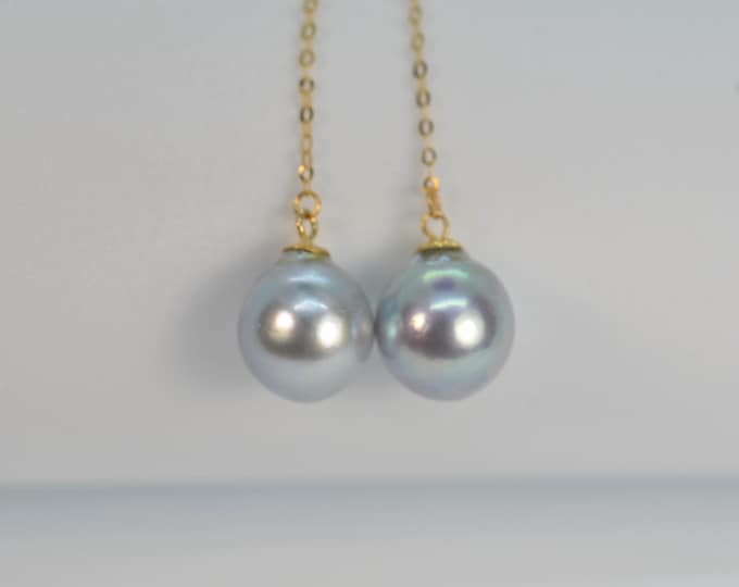 Natural Blue Silver Akoya Pearl Earrings for Women, Solid 18KT Gold Threader Earrings, Hypoallergenic