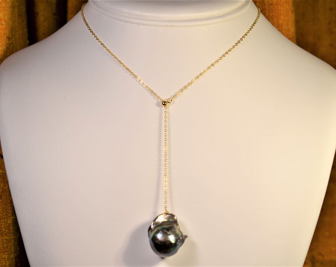 20 mm Large Black Baroque Pearl Pendant Necklace for Women, Gold Vermeil Y Necklace, Adjustable, Hypoallergenic