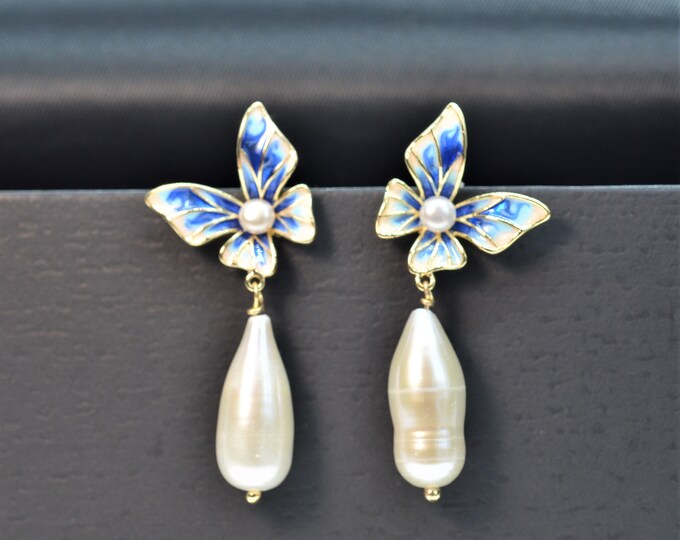 Butterfly Earrings for Women, Baroque Freshwater Pearl Earrings, Cloisonne Enamel Jewelry, 925 Silver Earrings, Hypoallergenic
