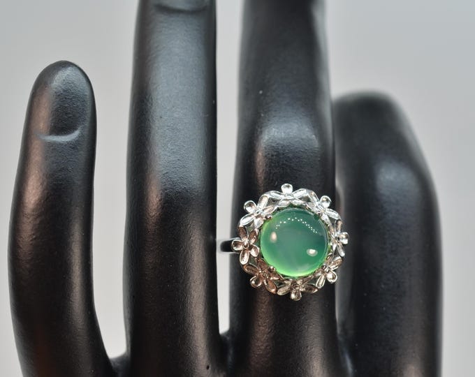 Natural Green Onyx Flower Ring, Sterling Silver Adjustable Band, Nature Inspired Jewelry