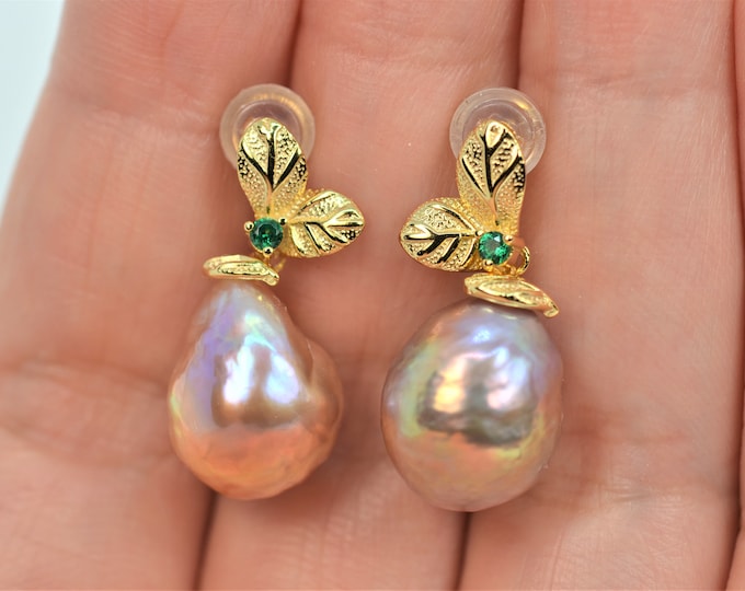 Natural Metallic Pearl Earrings for Women, Leaf Earrings, 925 Silver Earrings, Fine Gold Vermeil Jewelry