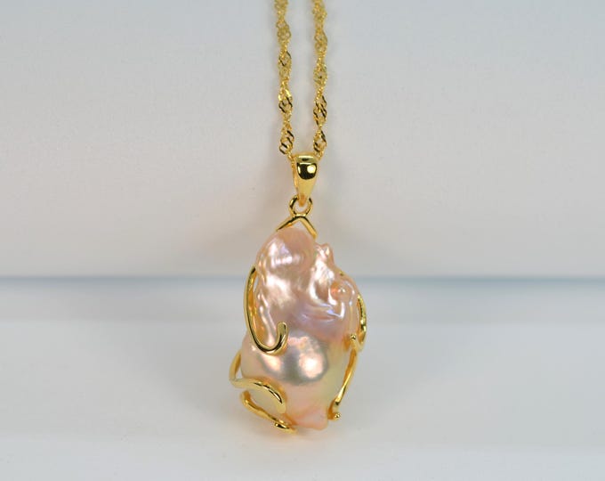 Metallic Baroque Freshwater Pearl Necklace for Women, Fine Gold Vermeil Jewelry, 18 Inch Chain Necklace