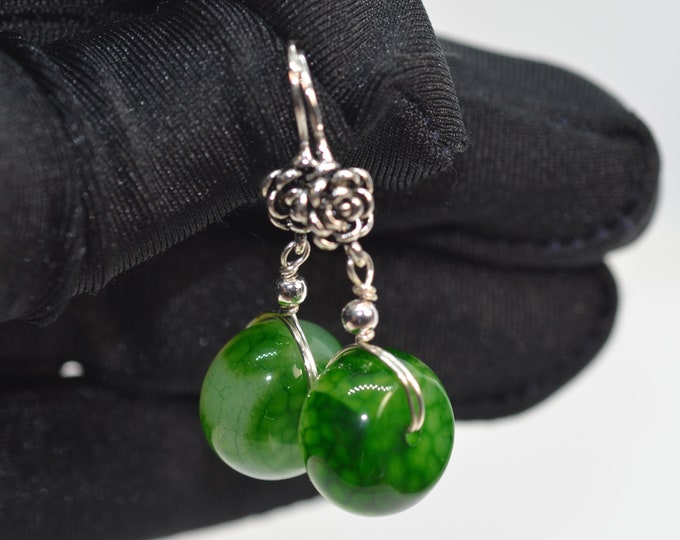 Natural Green Agate Earrings for Women, Flower Earrings, S925 Silver Earrings, Drop Dangle Earrings, Hypoallergenic