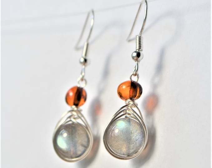 Sterling Silver Moonstone Dangle Earrings with Baltic Amber