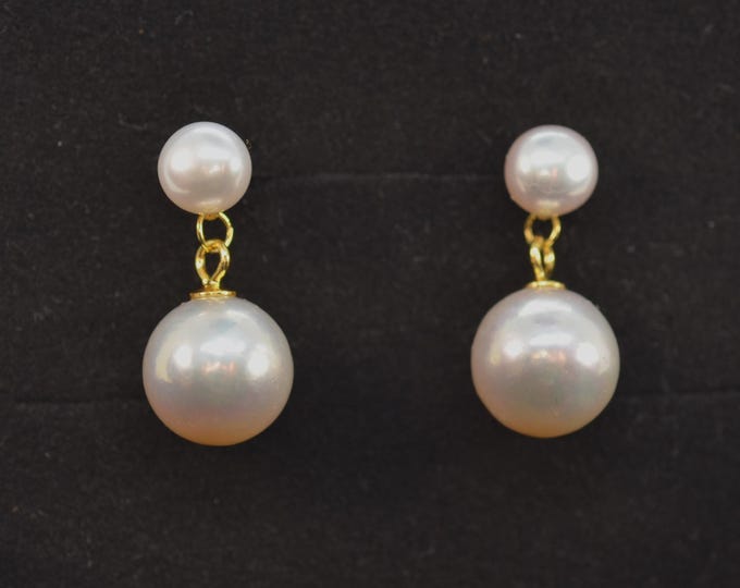 Classic Double Pearl Earrings for Women, Genuine White Freshwater Pearls, Fine Gold Vermeil Jewelry, Bridal Earrings