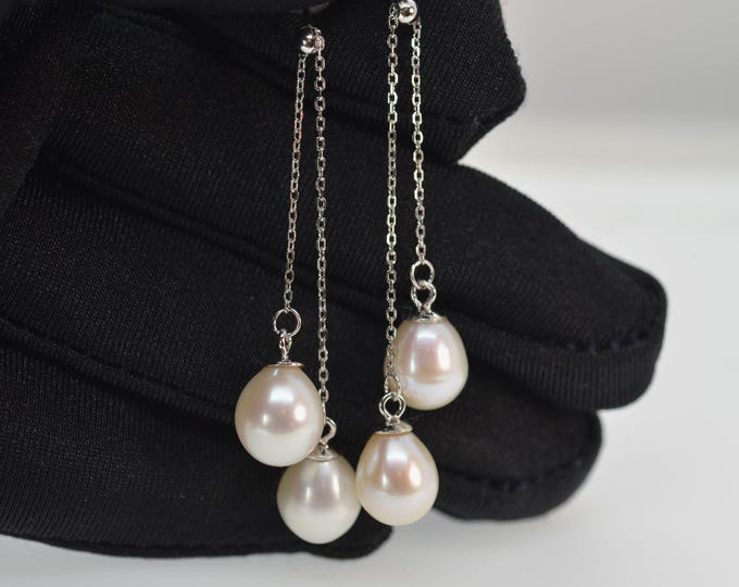 Double Freshwater Pearl Earrings for Women, Long Adjustale Tassel Earrings, Fine Silver Jewelry, Hypoallergenic
