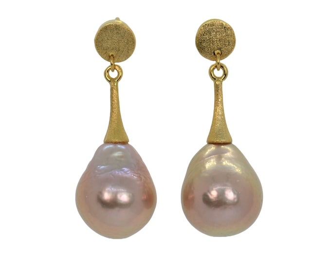 Large Metallic Pearl Earrings for Women, Baroque Freshwater Pearl Earrings, Brushed Fine Gold Vermeil Jewelry, Bridal Earrings