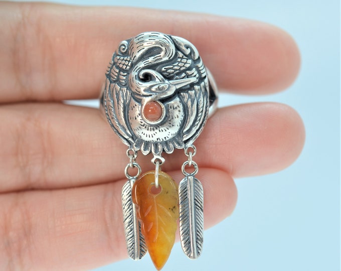 Bird Ring for Women, 925 Sterling Silver Ring, Natural Fire Agate & Yellow Jade Ring, Adjustable Crane Ring