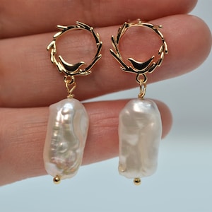 Baroque Pearl Earrings for Women, 14 K Gold Filled Earrings, Bird Earrings, Freshwater Pearl Earrings, Hypoallergenic