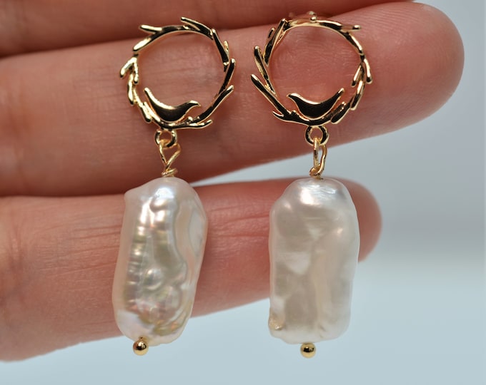 Baroque Pearl Bird Earrings for Women: 14K Gold Filled Dangle Earrings