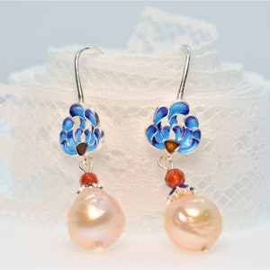 12-13 mm Metallic Freshwater Pearl Earrings for Women, Pink Edison Pearl Earrings, 925 Sterling Silver Earrings, Enamel Flower Earrings