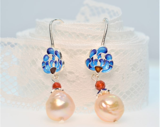 12-13 mm Metallic Freshwater Pearl Earrings for Women, Pink Edison Pearl Earrings, 925 Sterling Silver Earrings, Enamel Flower Earrings