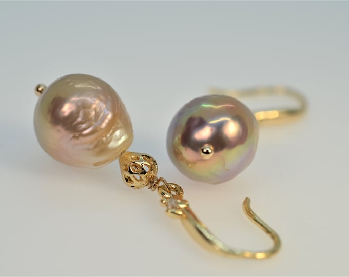 12-13 mm Metallic Pearl Earrings for Women, Dangle Gold Freshwater Pearl Earrings, 14K Gold Filled Jewelry, Hypoallergenic