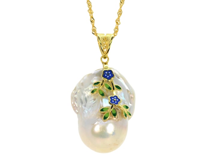 Extra Large Baroque Pearl Pendant Necklace for Women, Enamel Gold Vermeil Jewelry, Hypoallergenic