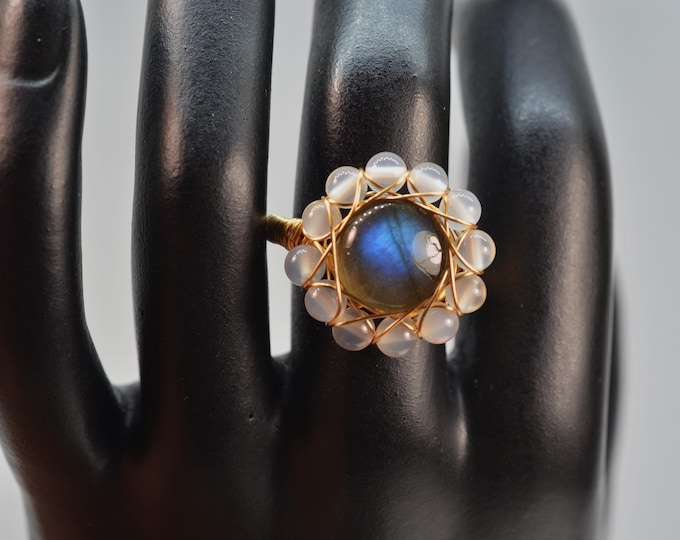 14k Gold Filled Labradorite Ring, White Agate Adjustable Wire Wrapped Ring