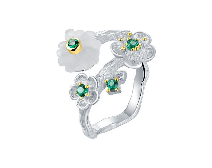 Crystal Flower Adjustable Ring, 925 Sterling Silver Ring for Women, Natural Tourmaline Ring, Hypoallergenic