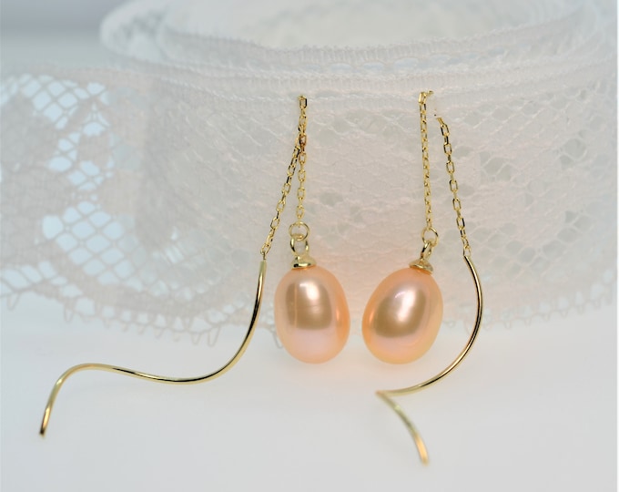 Gold Vermeil Freshwater Pearl Threader Earrings for Women, Dangle Bridal Jewelry