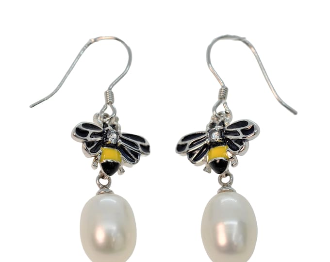 Freshwater Pearl Bee Earrings, Enamel Sterling Silver Dangles