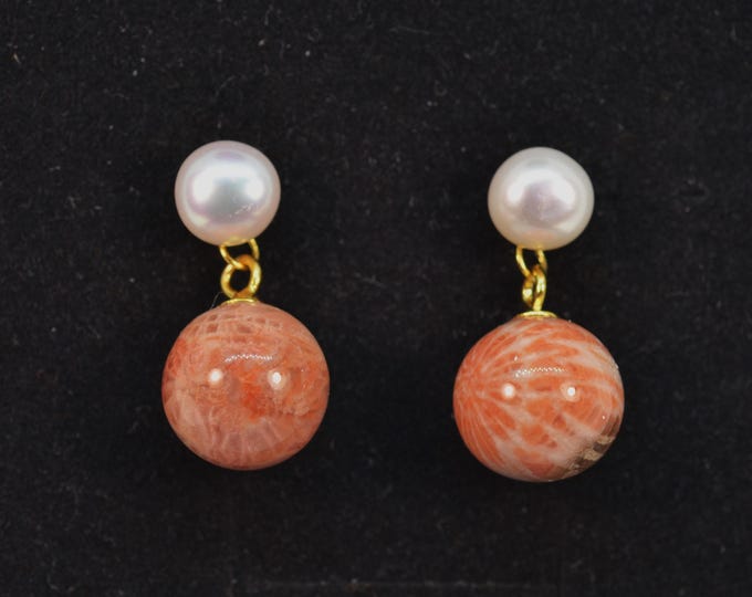 Freshwater Pearl & Coral Fossil Dangle Earrings, Elegant Natural Gemstone Jewelry