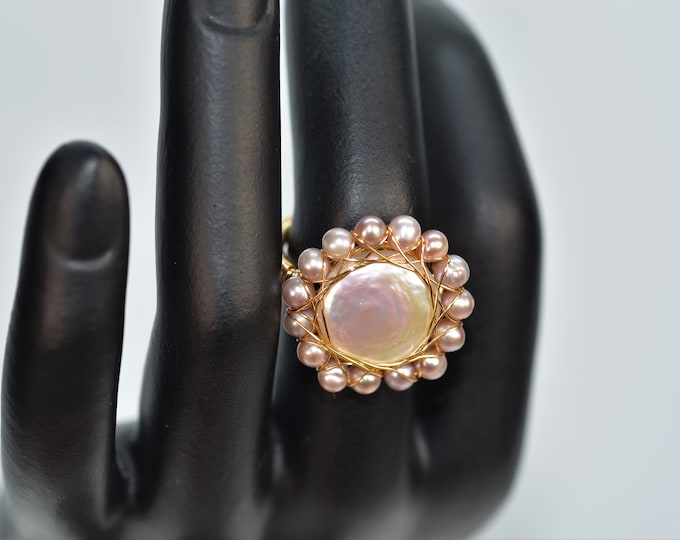 14k Gold Filled Freshwater Pearl Adjustable Flower Ring