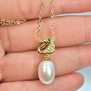 Freshwater Pearl Pendant Necklace for Women, Designer Swan Necklace, 14K Gold Filled Jewelry, Hypoallergenic