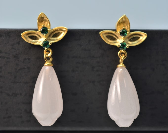 Carved Nephrite Jade Orchid Earrings: 925 Sterling Silver, 18k Gold Plated
