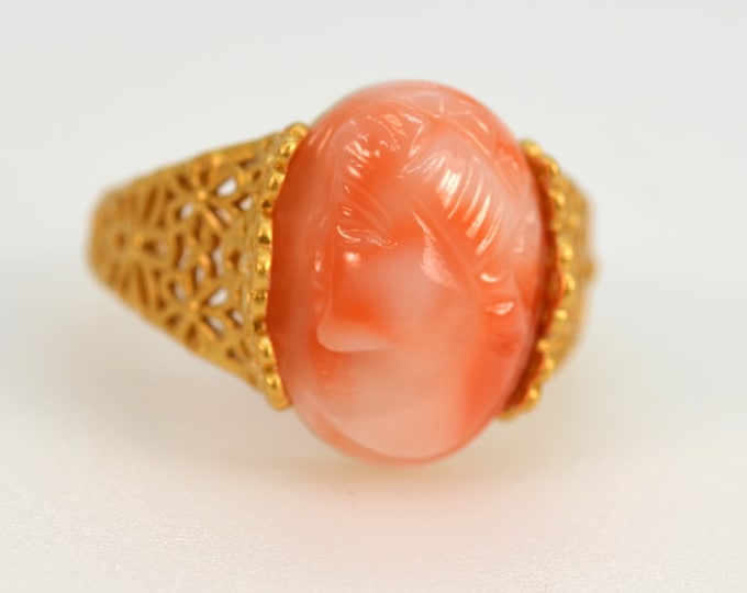 Natural Color Japanese Coral Carved Cameo Ring  for Women, Gold Vermeil Filigree Ring, Adjustable Ring, Hypoallergenic