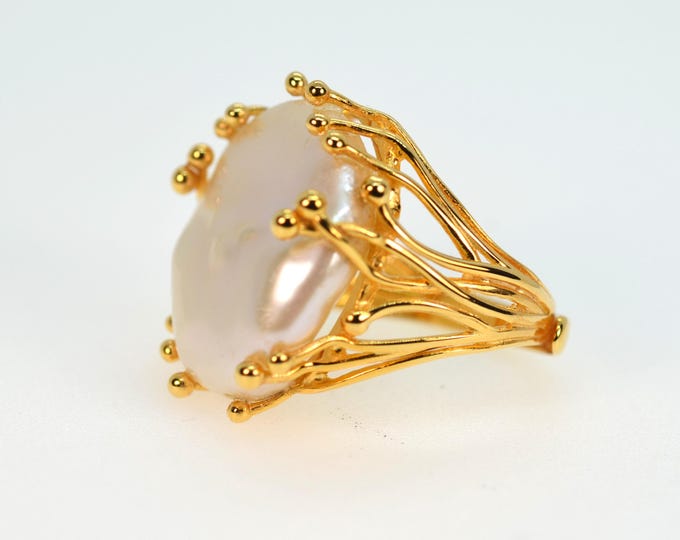 Large Baroque Freshwater Pearl Ring for Women, Adjustable Ring for Girls, Gold Vermeil Jewelry, Hypoallergenic