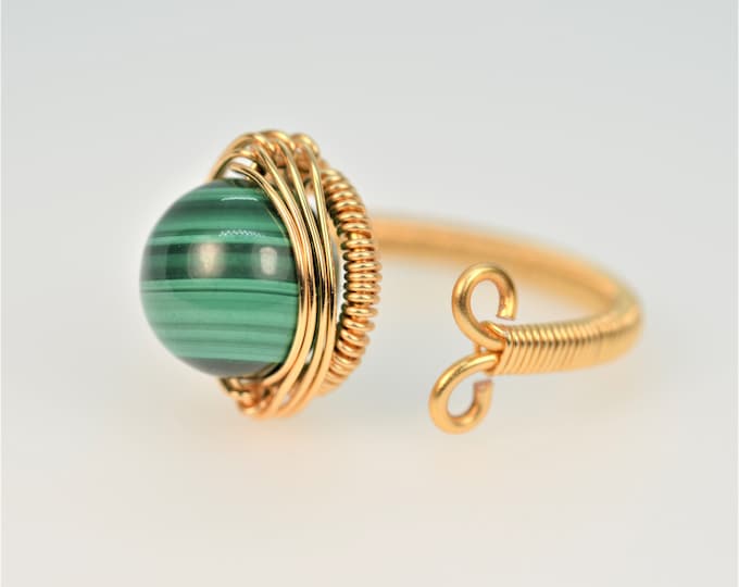 Genuine Natural Color Malachite Gemstone Ring for Women, 14k Gold Filled Wire Wrapped Ring, Artisan Adjustable Gold Ring, Hypoallergenic