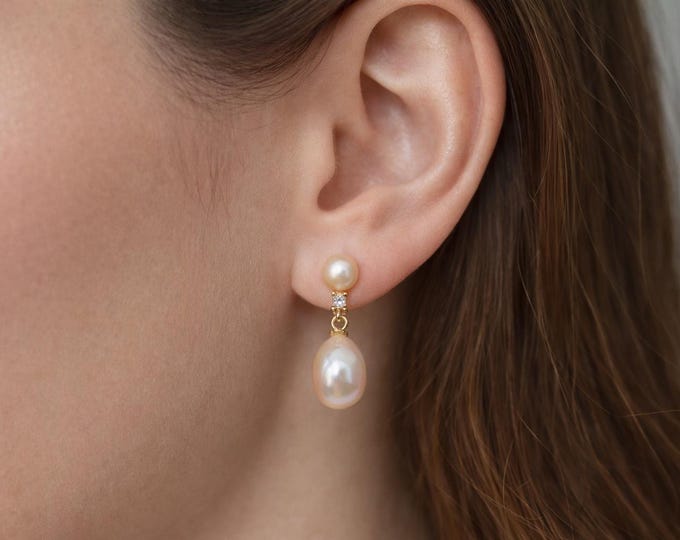 Freshwater Pearl Drop Earrings for Women, Gold Vermeil Sterling Silver Jewelry, Double Pearl Bridal Earrings