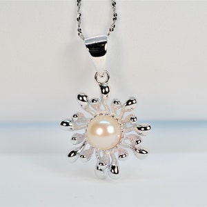 Freshwater Pearl Necklace for Women, Artisan Sterling Silver Flower Pendant Necklace, Hypoallergenic