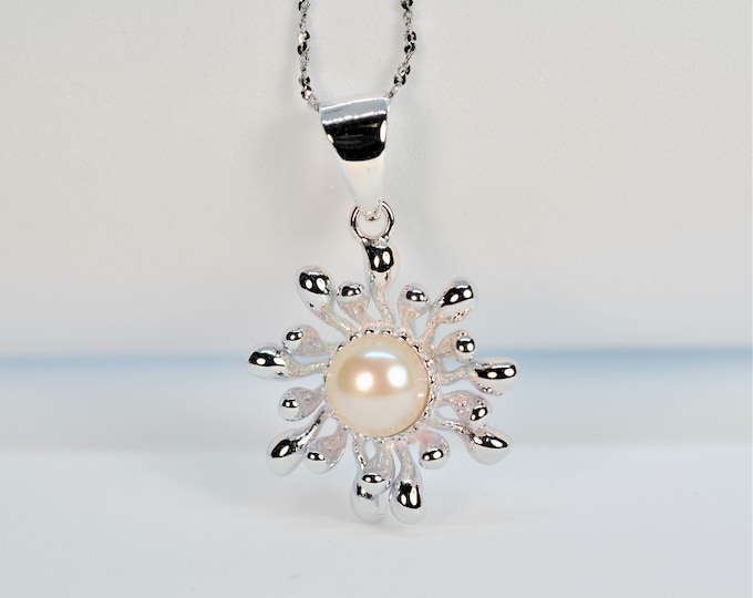 Freshwater Pearl Necklace for Women, Artisan Sterling Silver Flower Pendant Necklace, Hypoallergenic
