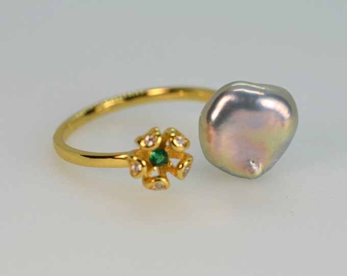 Freshwater Keshi Pearl Ring for Women, Gold Vermeil Jewelry, Adjustable Ring, Hypoallergenic