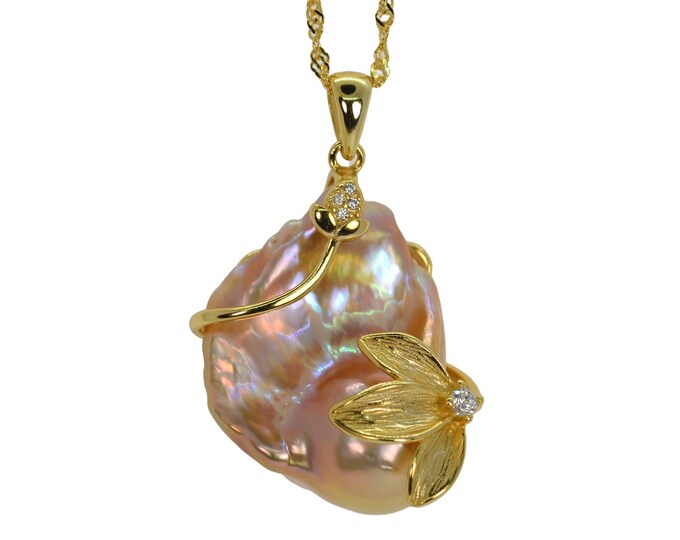 Large Metallic Baroque Freshwater Pearl Necklace for Women, Gold Vermeil Jewelry, 18 Inch Chain Necklace, Hypoallergenic