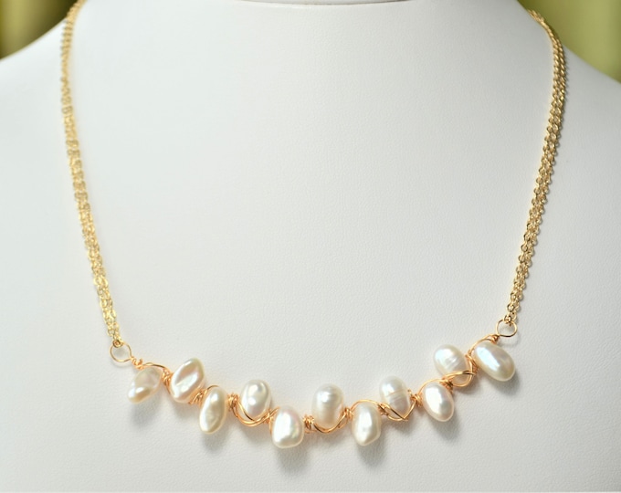 Wire Wrapped Freshwater Pearl Necklace for Women, 14K Gold Filled Jewelry, Bridal Necklace