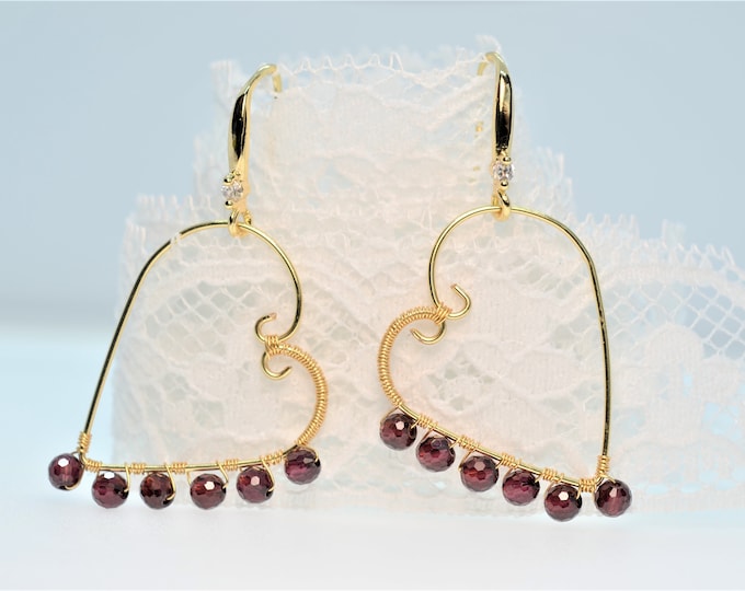 14K Gold Filled Handmade Heart Earrings for Women, Natural Rhodolite Garnet Earrings, Valentine's Day Gift, Hypoallergenic,