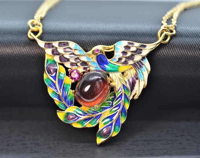 Peacock Pendant Necklace for Women, Gold Vermeil, 925 Sterling Silver Natural Garnet, Enamel Cloisonne, Double Strand Chain, Hypoallergenic